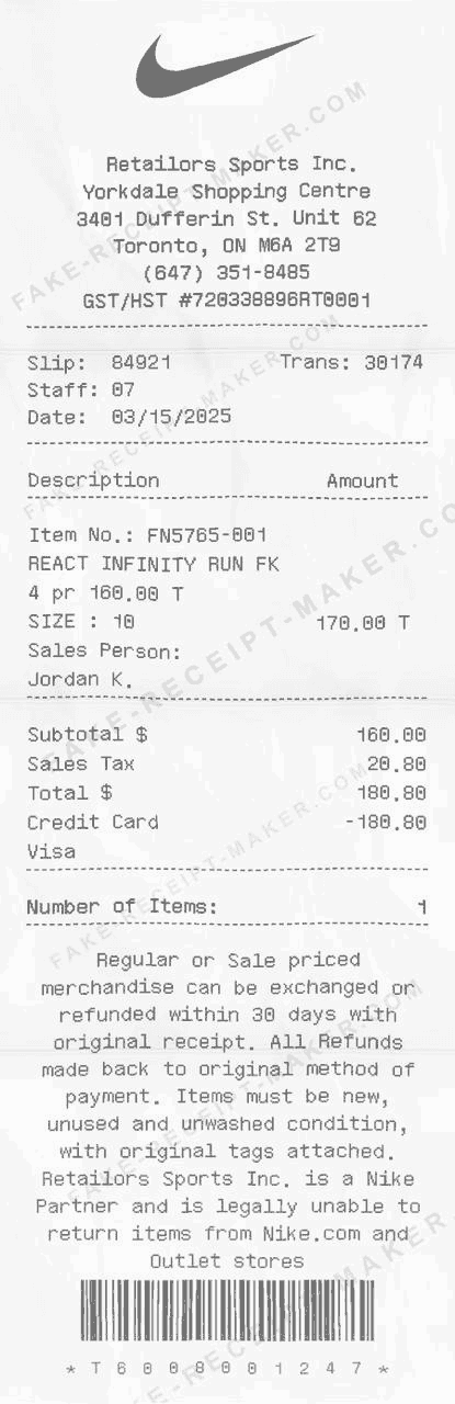 Example receipt generated with Fake Receipt Maker